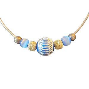 Blue and Silver-Tone Beaded Necklace on 925 Silver Wire Chain 18"